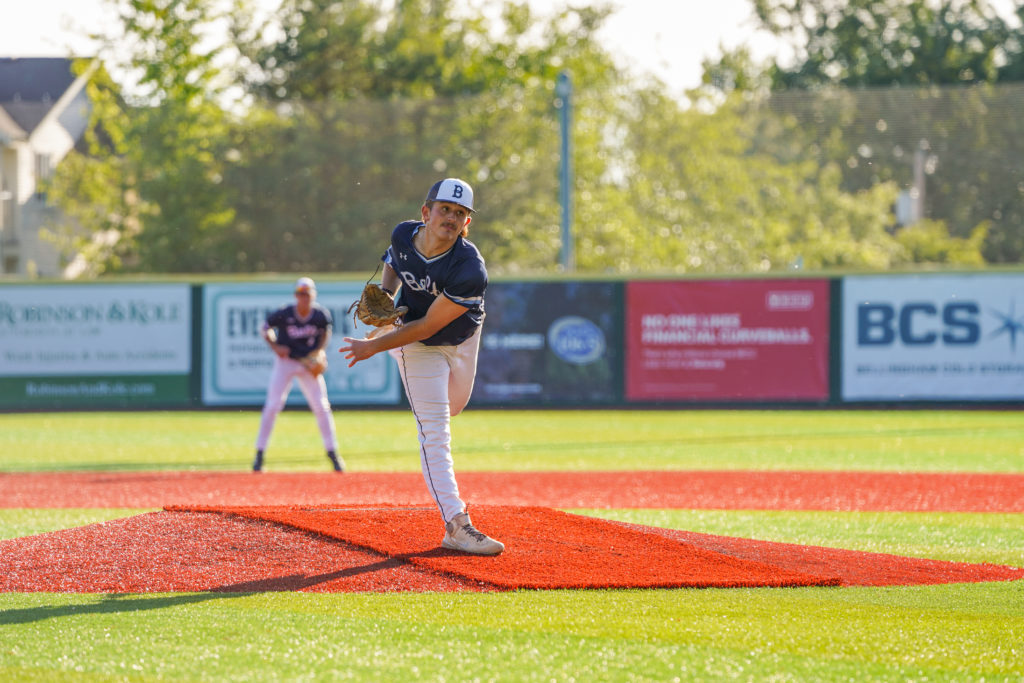 Kadden Drew pitching in a start against the Edmonton Riverhawks on June 3, 2023. The Bells would go on to win 5-1, and Drew would record the win. // Photo by Andrew Forhan