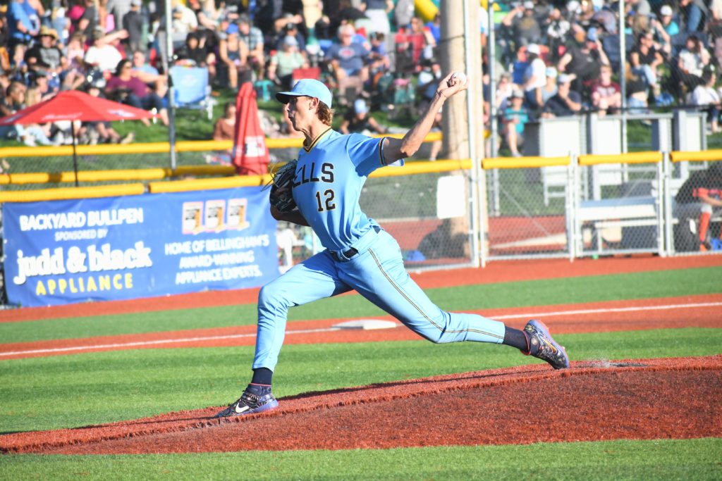 Nathan Van Beek, striding towards the plate in his pitching motion. The Bells would go on to win 6-0, July, 30 2023. // photo by Makayla Sparks
